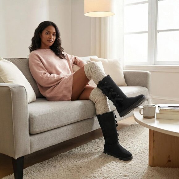 Women's Warm Mid Calf Boots Fuzzy Ladies Booties Classic Bow Tie Black - Picture 2 of 6